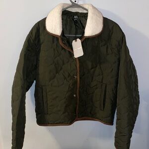 Olive Quilted barn jacket  with White Collar